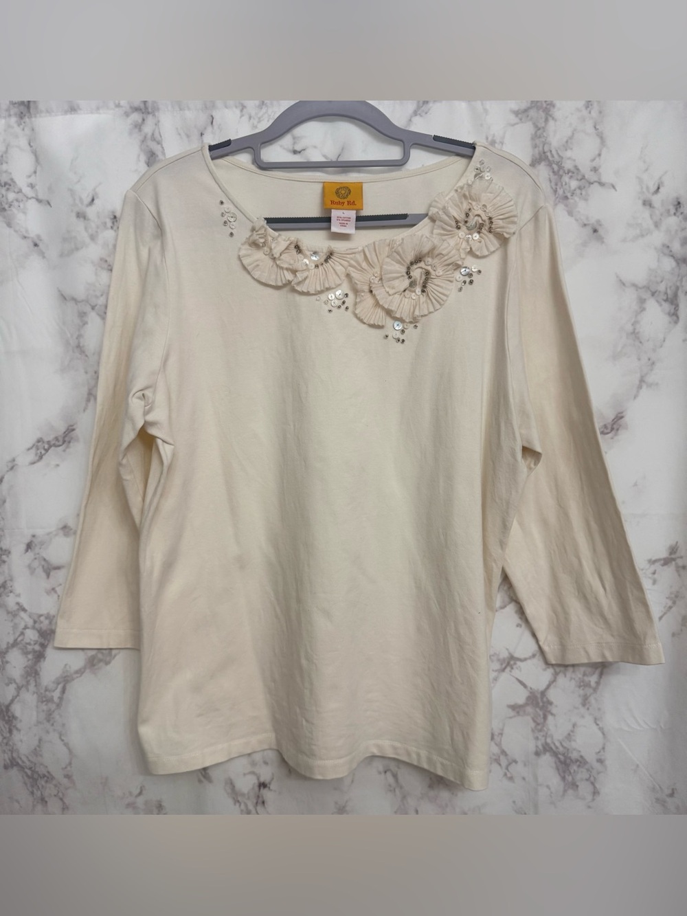 Ruby Rd. Cream Embellished Floral Neck Long Sleeve Tee